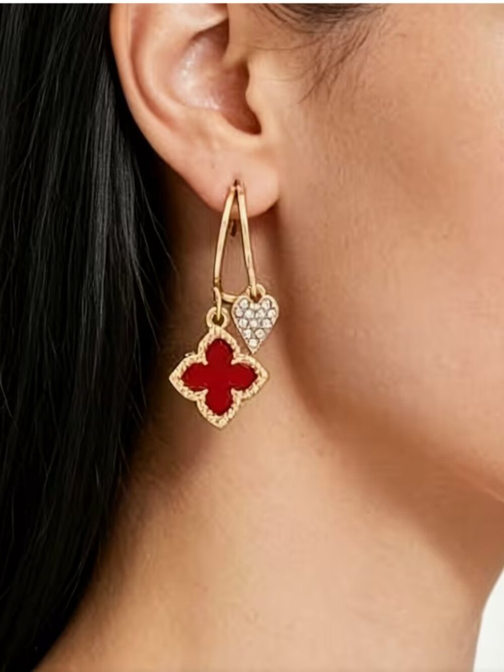 NEW Luxe Red Clover Flower and Heart Gold Double Hoop Earrings